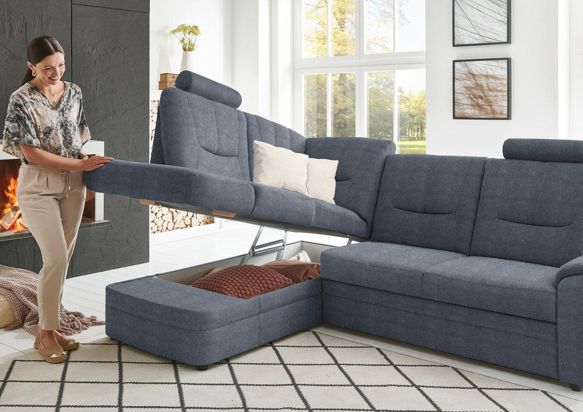 ECKSOFA Chenille Blaugrau  - Blaugrau/Schwarz, Konventionell, Kunststoff/Textil (185/235cm) - Beldomo Comfort
