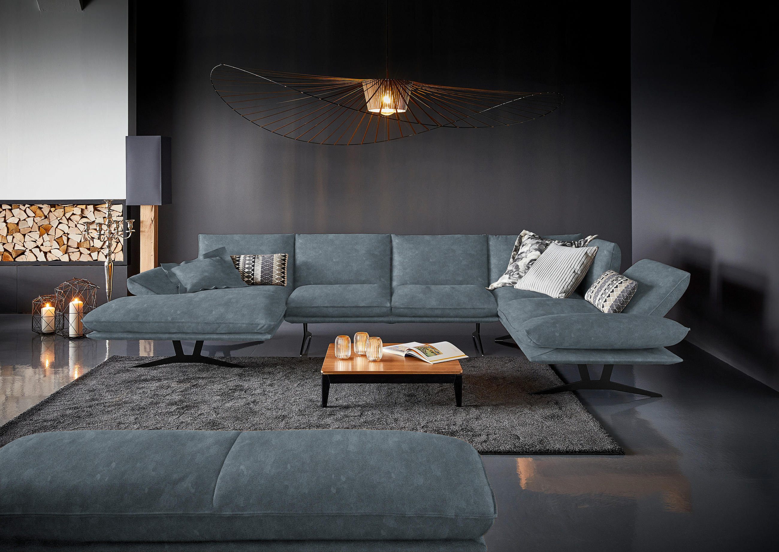 WOHNLANDSCHAFT in Echtleder Blau  - Blau/Schwarz, Natur, Leder/Metall (155/359/217cm) - Dieter Knoll