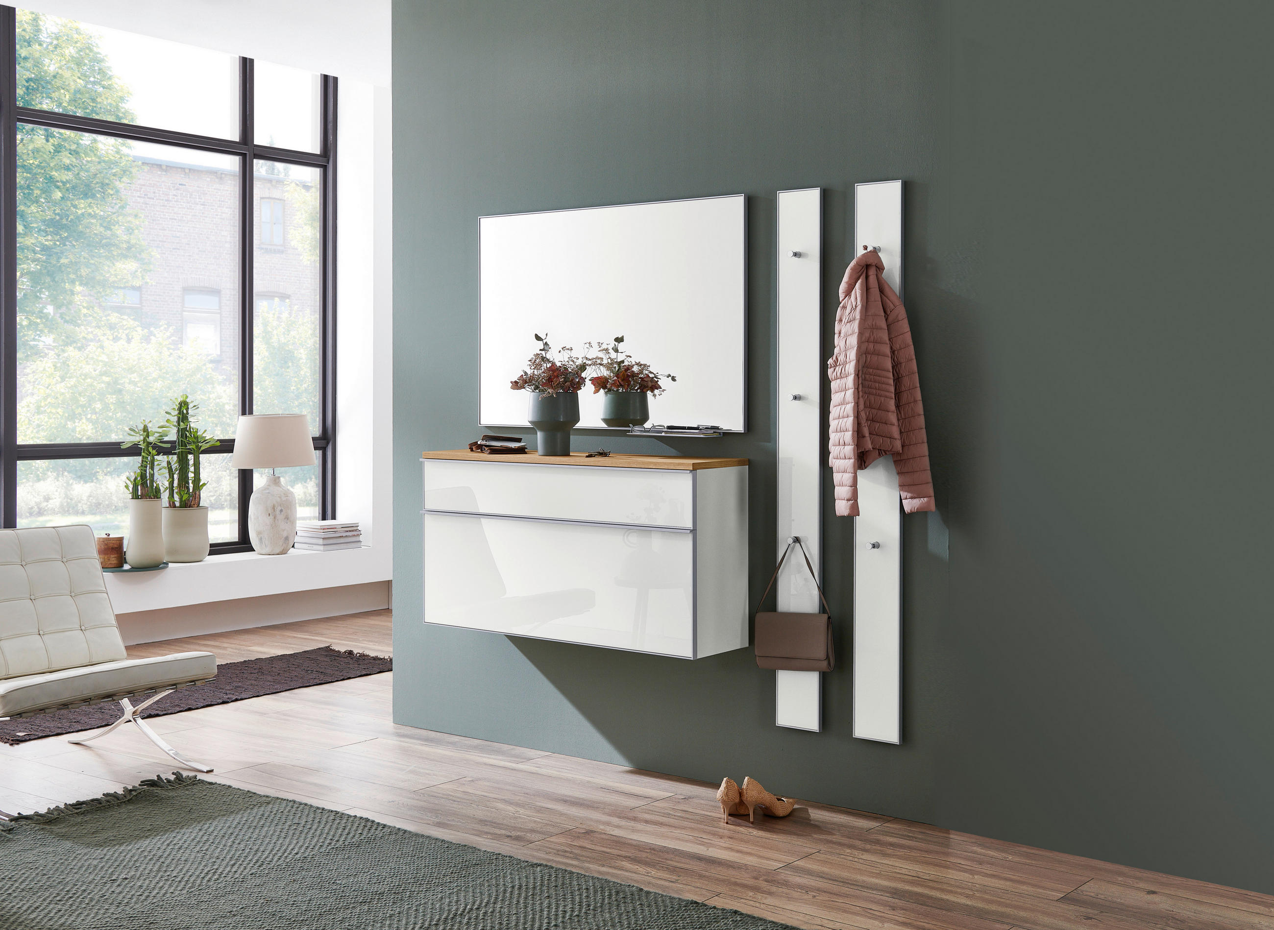 Thumbnail - Garderobenpaneel, Weiß, Glas, Holzwerkstoff, 16x170x7 cm, Goldenes M, Made in Germany, DGM-Klimapakt, Aufhängemöglichkei...