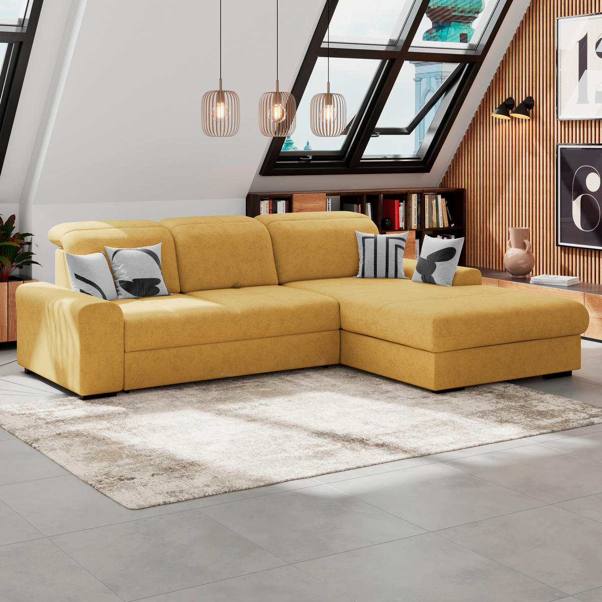 ECKSOFA Gelb Chenille Rücken echt, Kopfteilverstellung  - Gelb/Schwarz, KONVENTIONELL, Holz/Textil (286/203cm) - MID.YOU