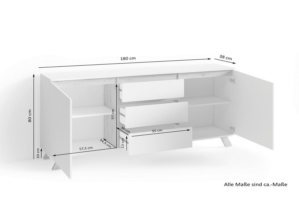 SIDEBOARD Valentin  in 180/76/38 cm  - Weiß/Eiche Artisan, MODERN, Holzwerkstoff (180/76/38cm) - MID.YOU