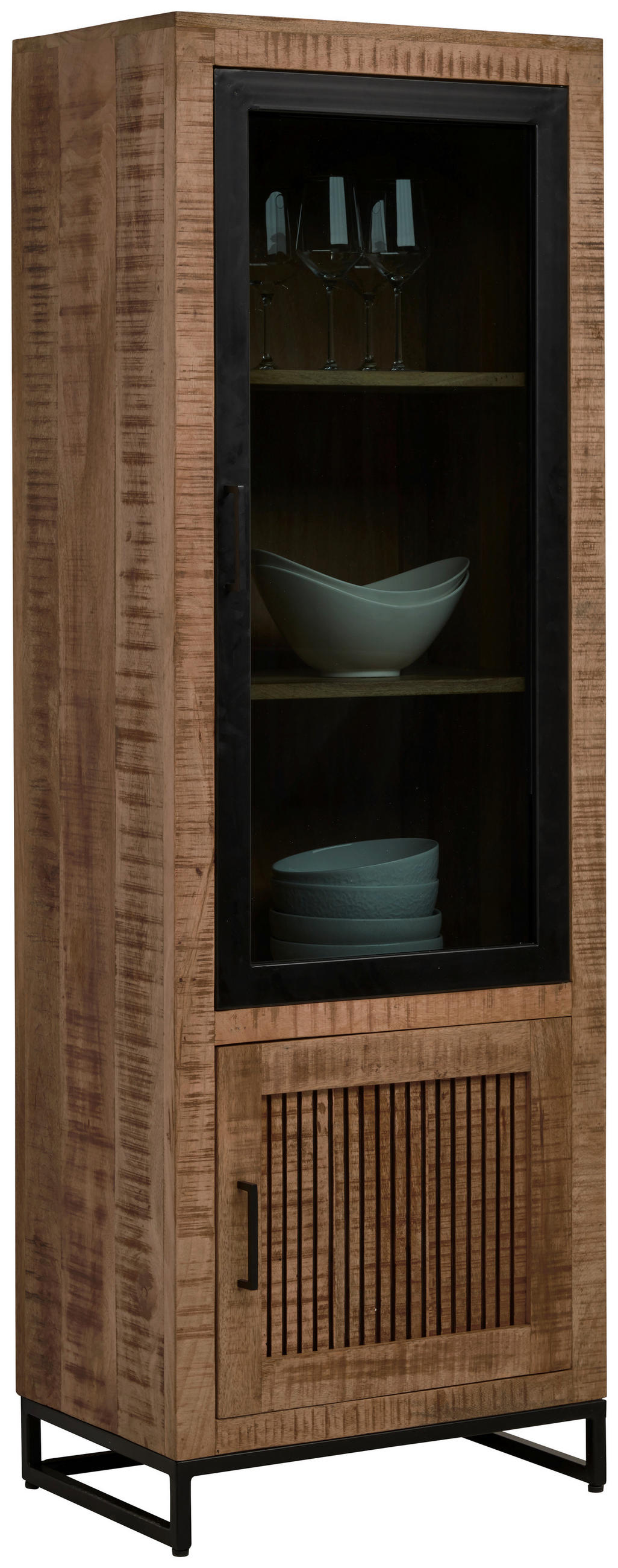 Vitrină, masiv, lemn de mango culoare natur  - culoare natur/negru, Romantik / Landhaus, sticlă/lemn (60/173/40cm) - Carryhome