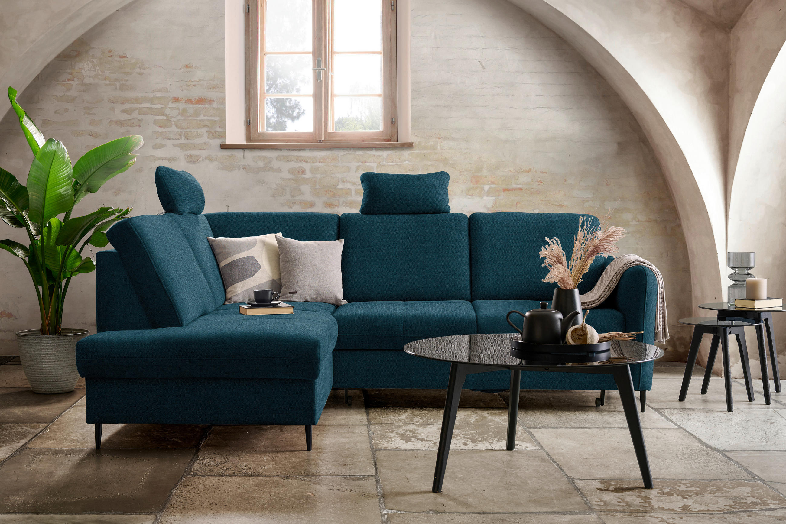 ECKSOFA in Chenille Petrol  - Petrol/Schwarz, MODERN, Holz/Textil (184/241cm) - Carryhome