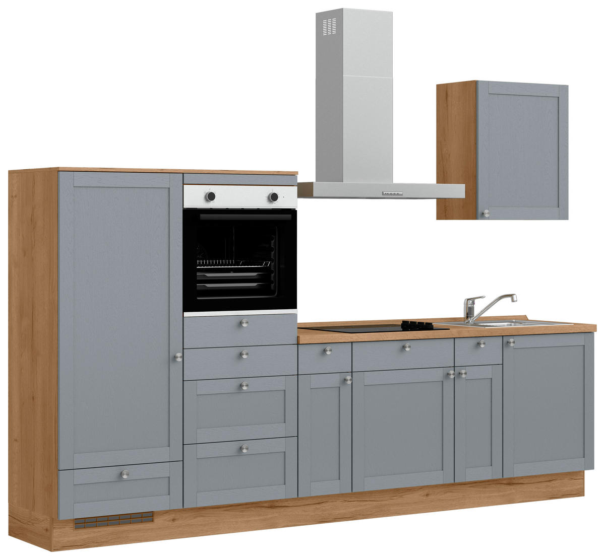 KÜCHENBLOCK Frame 300 cm  in Eichefarben, Blaugrau  - Edelstahlfarben/Eichefarben, MODERN, Holzwerkstoff/Metall (300cm) - Nobilia