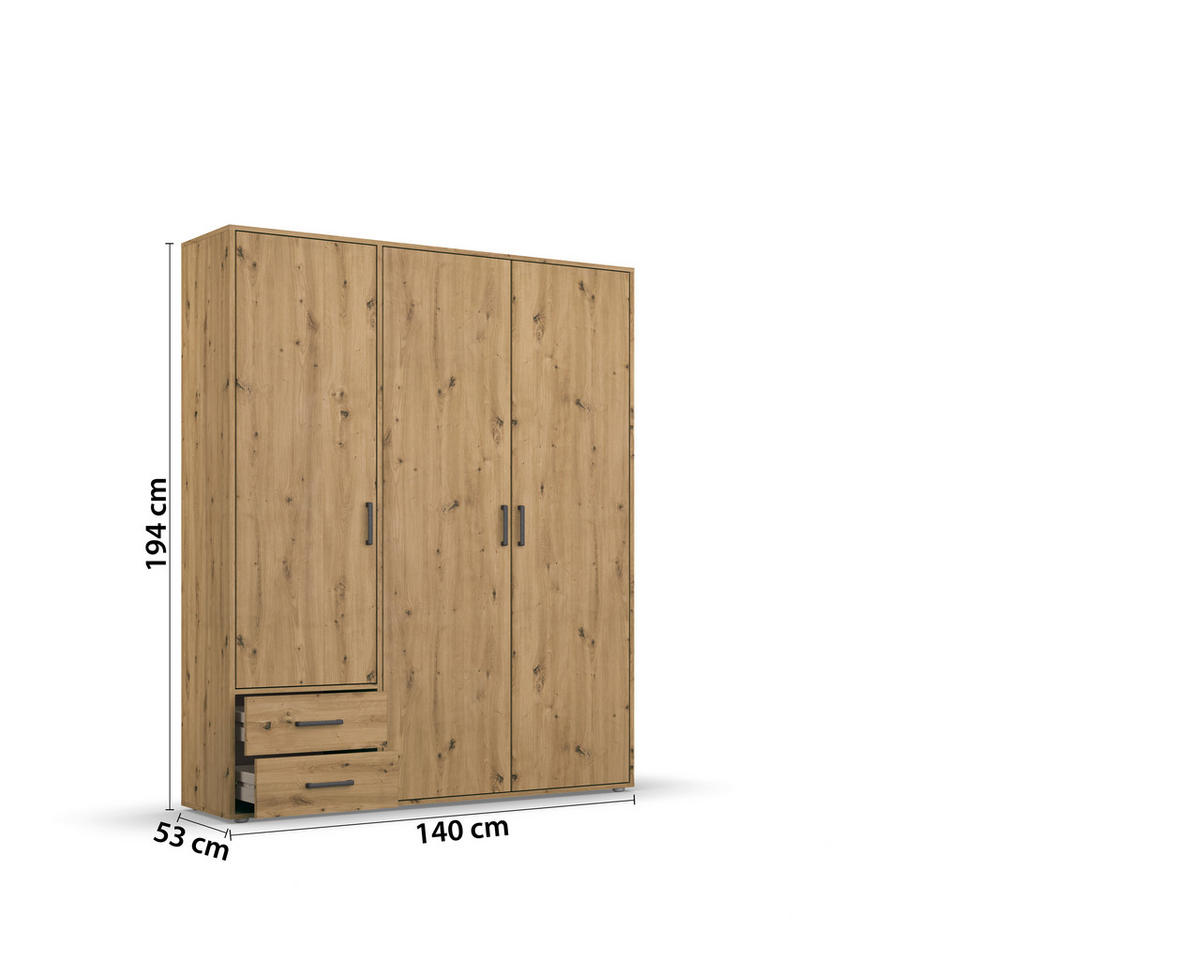 DREHTÜRENSCHRANK in Eiche Artisan  - Eiche Artisan/Grau, Modern, Holzwerkstoff/Kunststoff (140/194/53cm) - Rauch Möbel