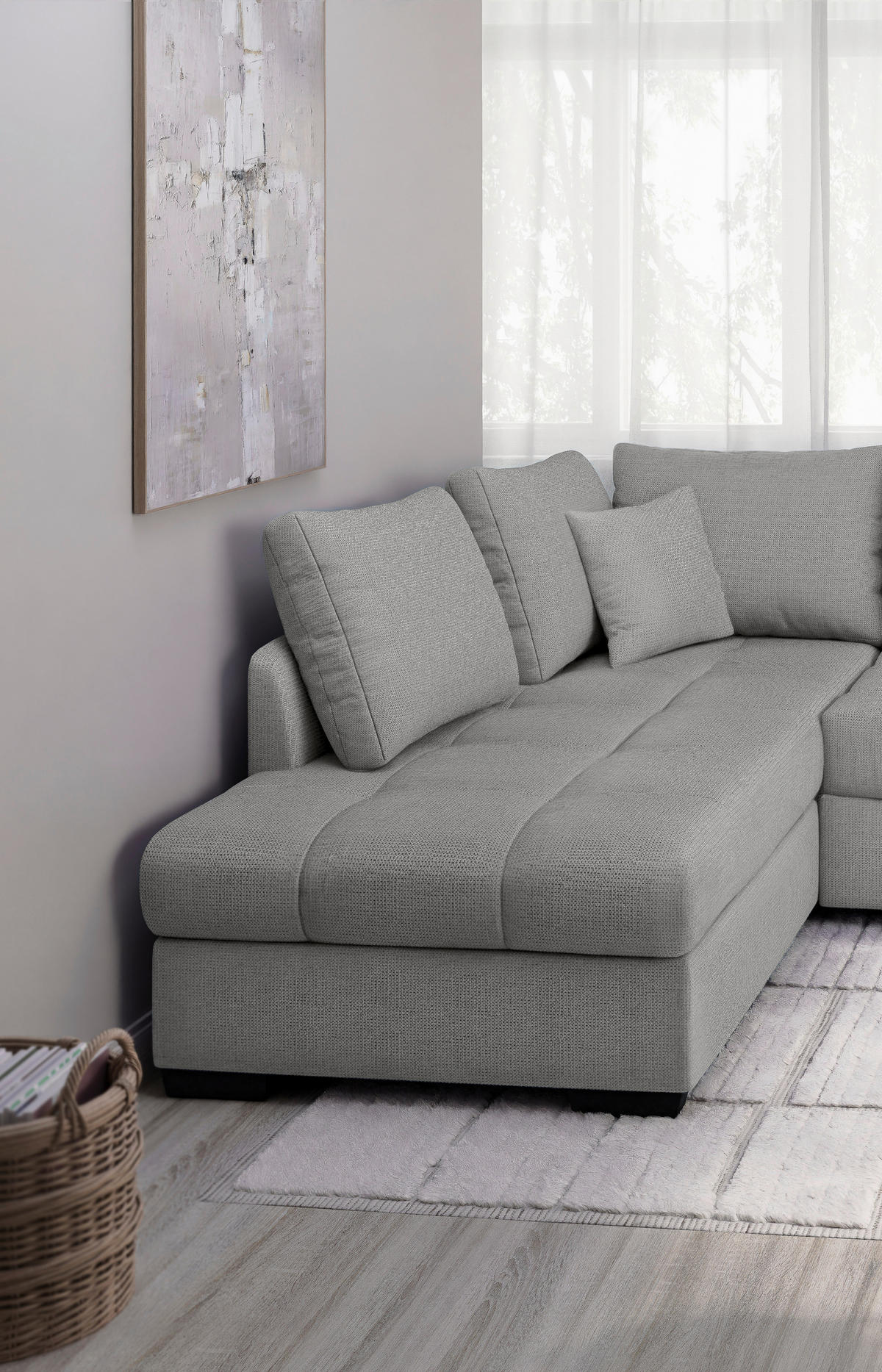 ECKSCHLAFSOFA in Chenille Silberfarben  - Silberfarben/Schwarz, MODERN, Holz/Textil (202/298cm) - MID.YOU