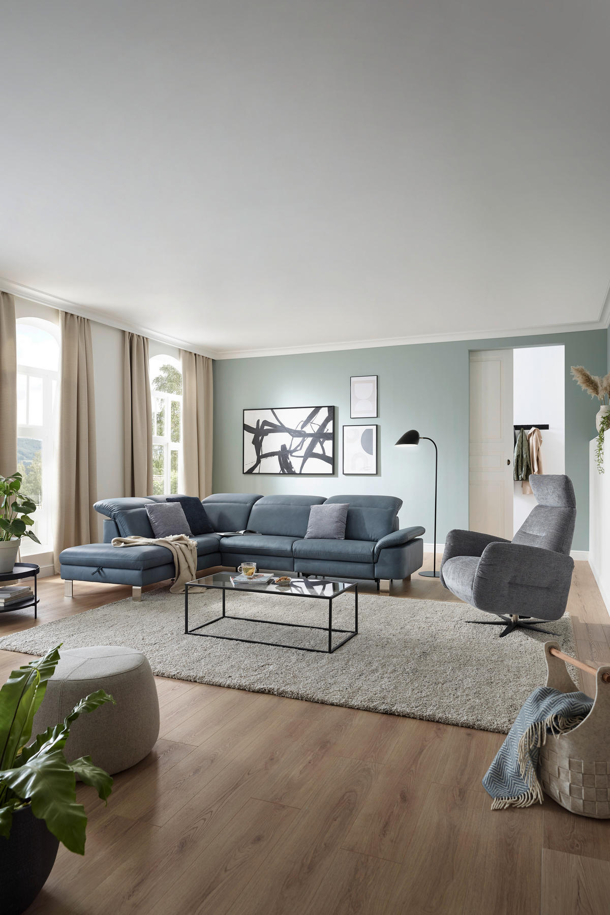 ECKSOFA in Echtleder Blaugrau  - Edelstahlfarben/Blaugrau, Design, Leder/Metall (309/233cm) - Dieter Knoll