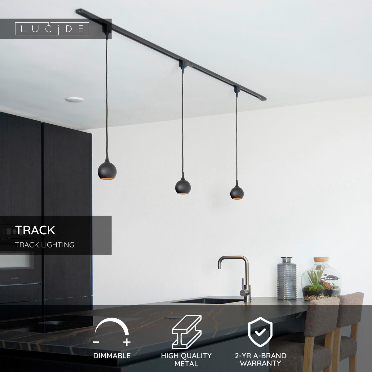SCHIENENSYSTEM Track 200/16.5/7.5 cm  - Schwarz, Design, Metall (200/16.5/7.5cm) - Lucide