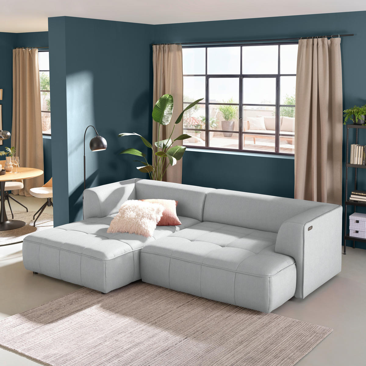 ECKSOFA Feincord Silberfarben  - Silberfarben/Schwarz, Design, Kunststoff/Textil (188/288cm) - Welnova