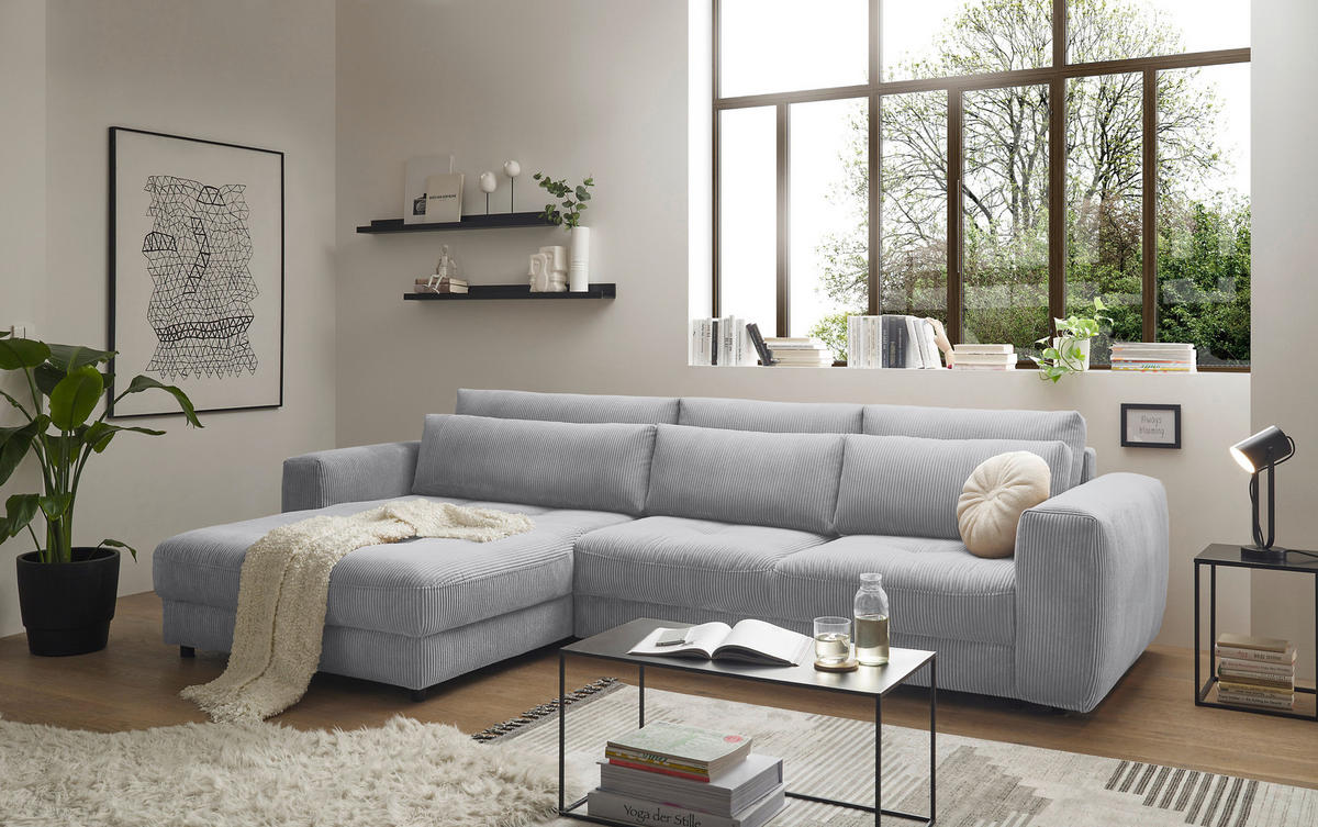 ECKSOFA in Cord Hellgrau  - Hellgrau/Schwarz, Konventionell, Holzwerkstoff/Kunststoff (194/333cm) - MID.YOU