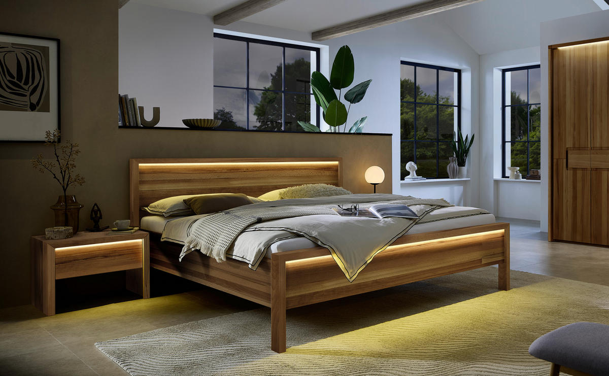 BETT 180/200 cm,  in Naturfarben, Kernbuche, Beleuchtung,  - Naturfarben/Kernbuche, MODERN, Holz (180/200cm) - MID.YOU
