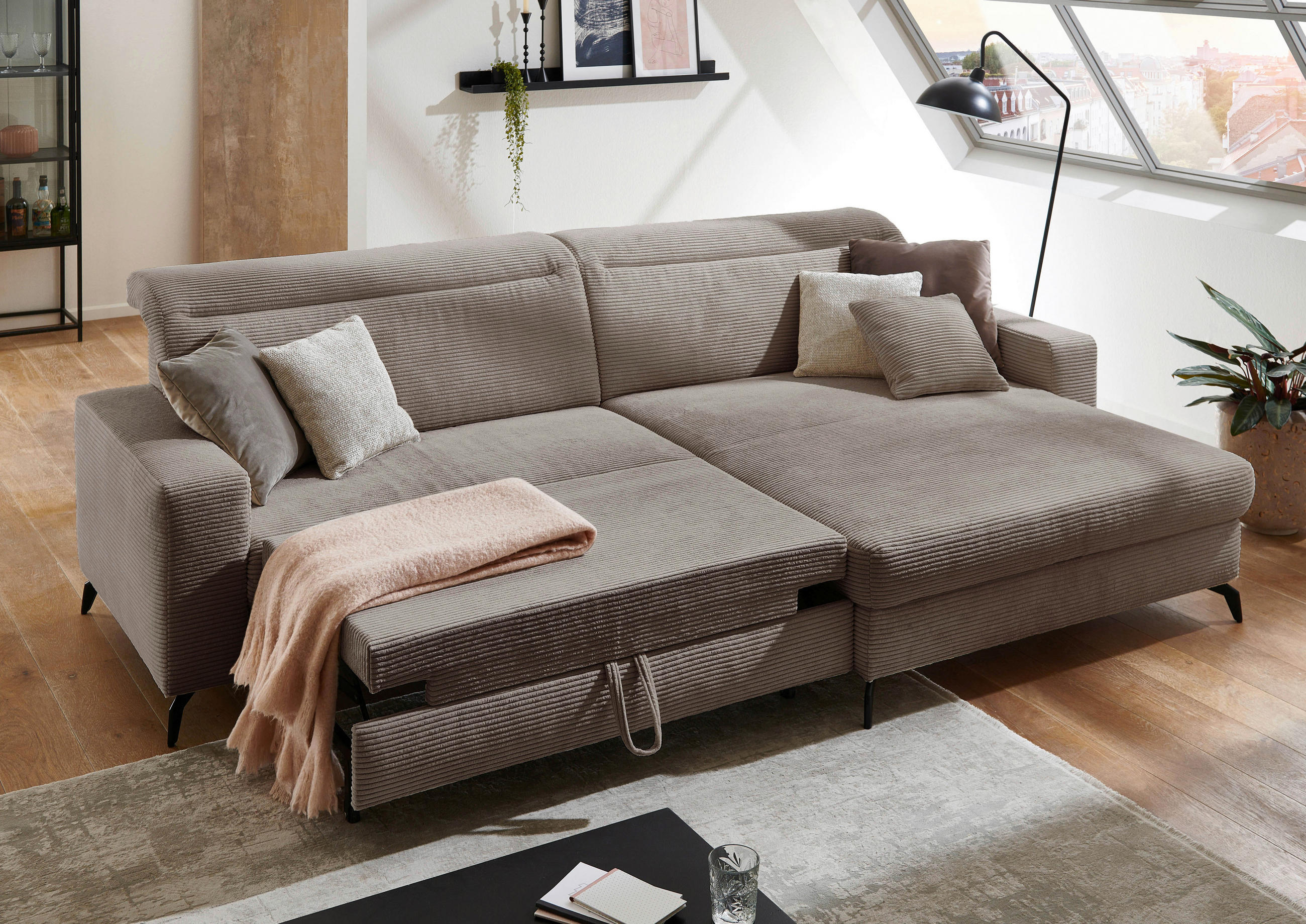 ECKSOFA inkl. Funktion Taupe Cord  - Taupe/Schwarz, KONVENTIONELL, Textil/Metall (290/178cm) - Cantus