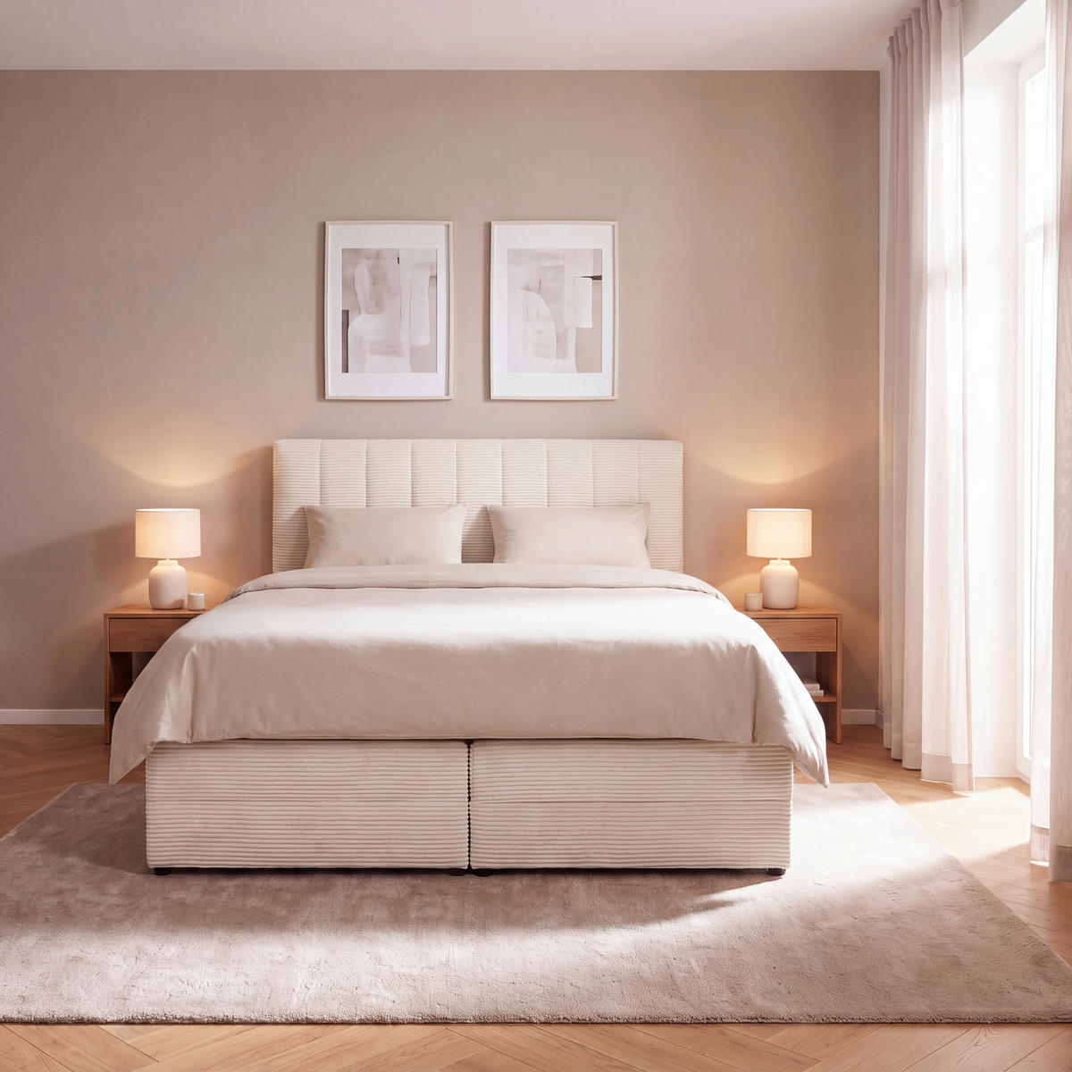 BOXSPRINGBETT 180/200 cm,  in Beige, gepolstertes Kopfteil, Bettkasten, Topper, Matratzen, H2 + H2 = mittel  - Beige/Schwarz, Basics, Kunststoff/Textil (180/200cm) - Boxxx