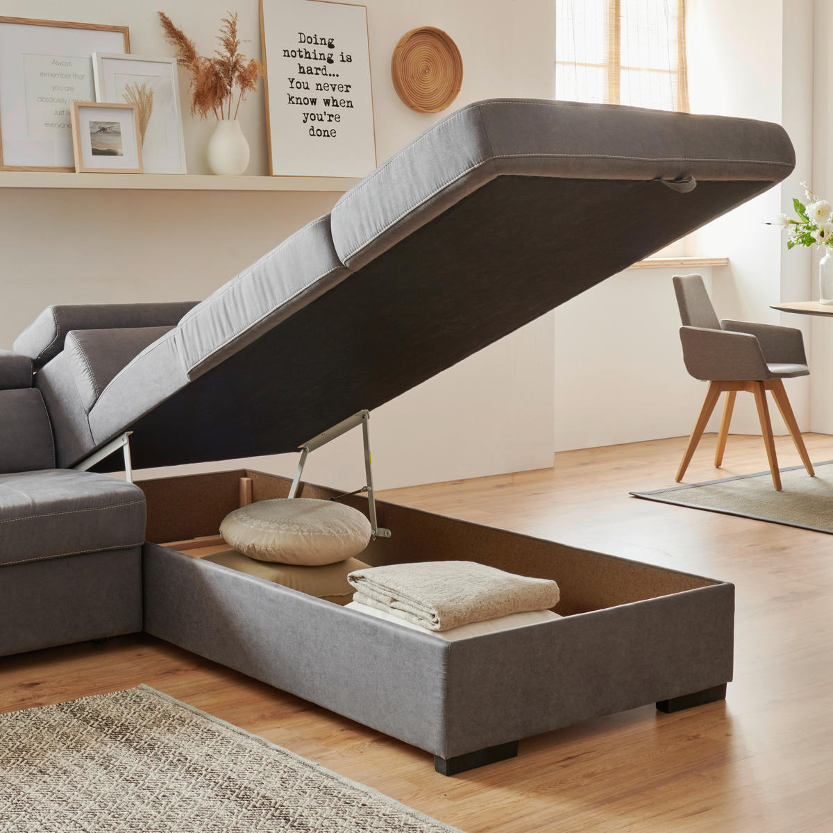 ECKSOFA Hellgrau Mikrofaser  - Hellgrau/Schwarz, Design, Kunststoff/Textil (219/258cm) - Stylife