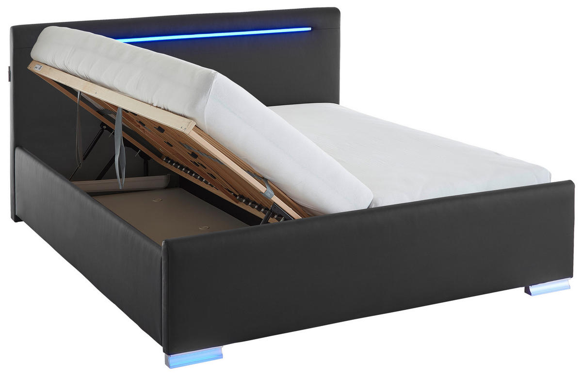 POLSTERBETT Beleuchtung, Bettkasten, Lattenroste 180/200 cm  in Schwarz  - Birkefarben/Buchefarben, Design, Holz/Kunststoff (180/200cm) - Boxxx