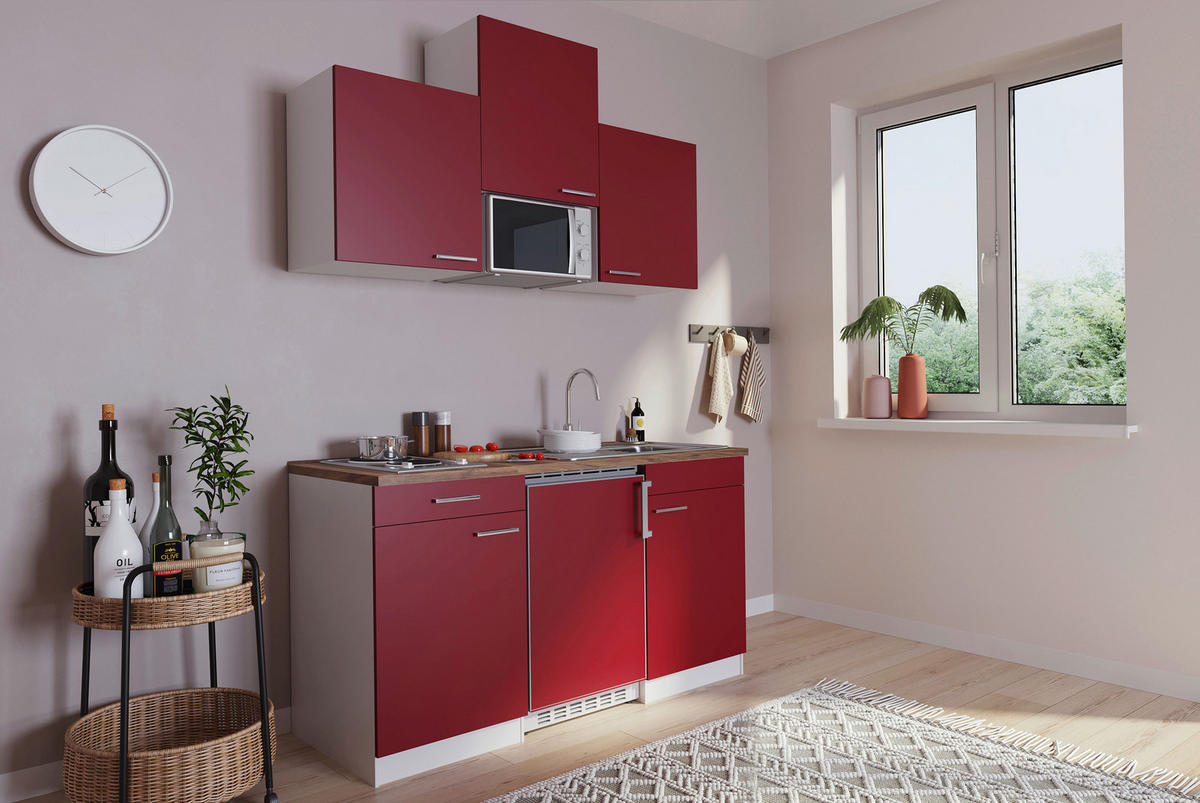 MINIKÜCHE 150/200/60 cm   in Rot  - Weiss/Edelstahlfarben, Basics, Holzwerkstoff/Kunststoff (150/200/60cm) - Respekta