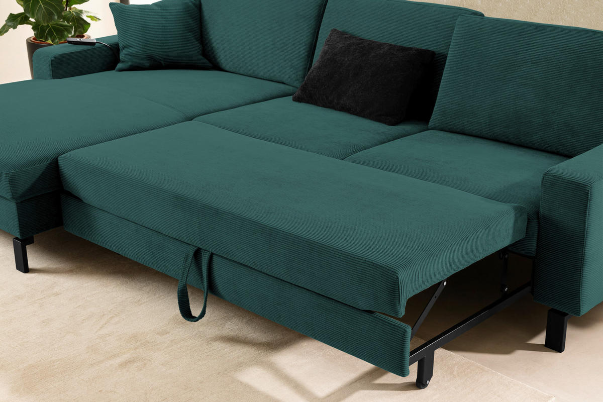 ECKSOFA in Cord Grün  - Schwarz/Grün, Design, Textil/Metall (185/298cm) - Pure Home Lifestyle