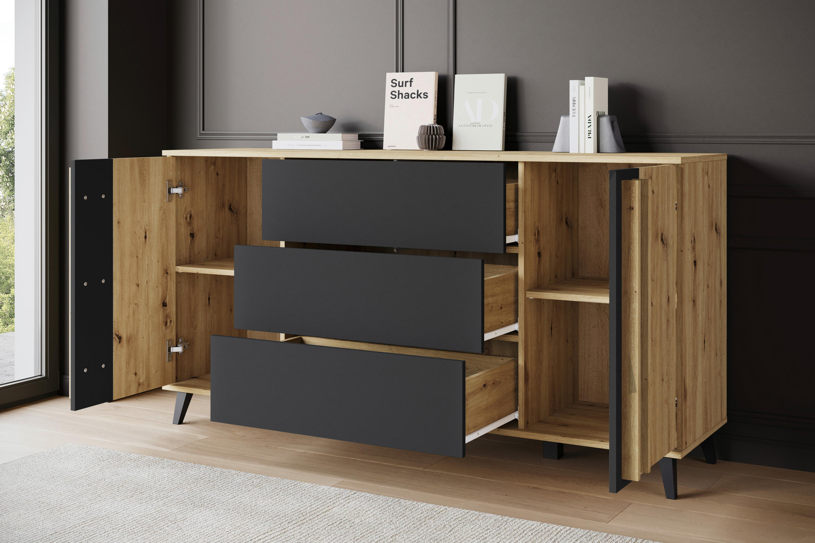 SIDEBOARD Helsinki in 150/77,8/39,5 cm - Schwarz/Eiche Artisan, Trend, Holzwerkstoff/Kunststoff (150/77,8/39,5cm)