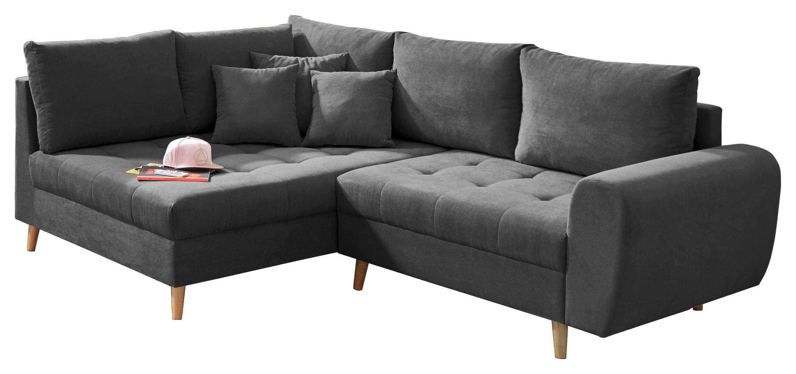 ECKSOFA Anthrazit Mikrovelours  - Anthrazit/Kieferfarben, KONVENTIONELL, Holz/Textil (175/249cm) - MID.YOU