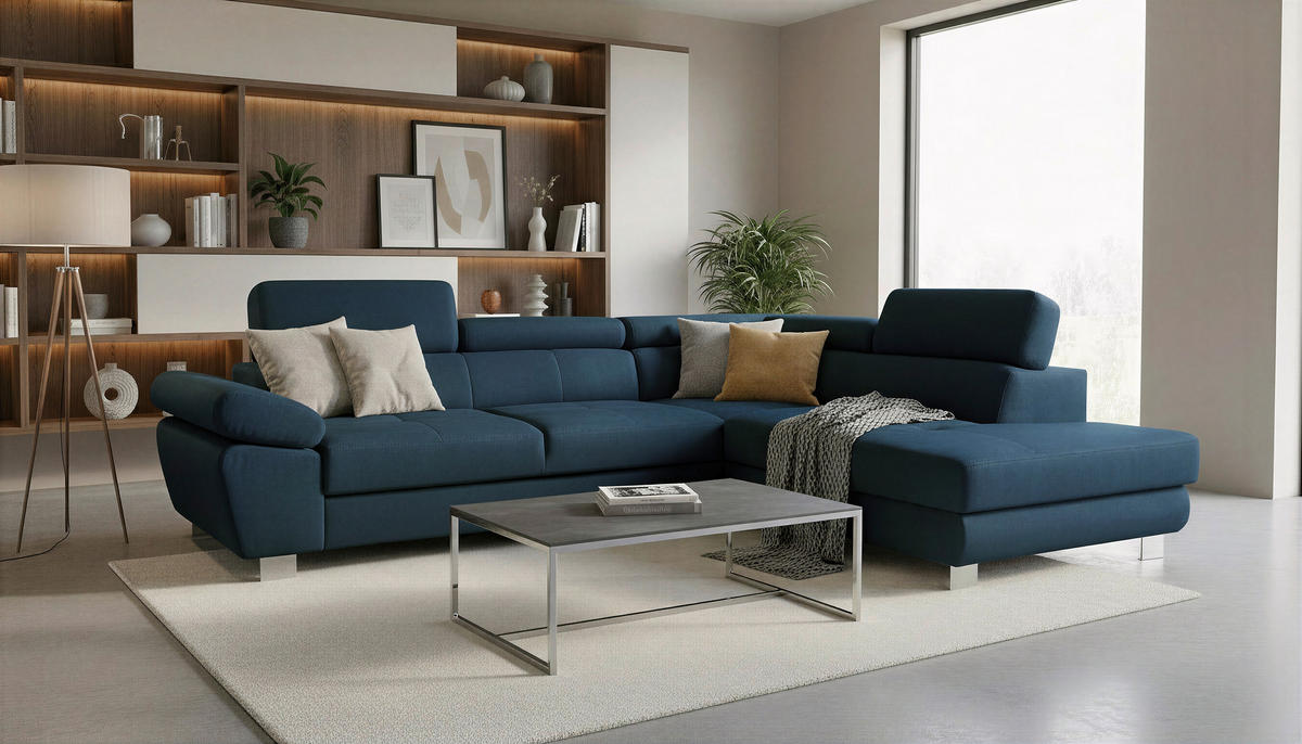 ECKSOFA Dunkelblau Webstoff Bettkasten, Schlaffunktion, Rücken echt, Armteilverstellung, Kopfteilverstellung  - Chromfarben/Dunkelblau, MODERN, Textil/Metall (278/205cm) - Stylife
