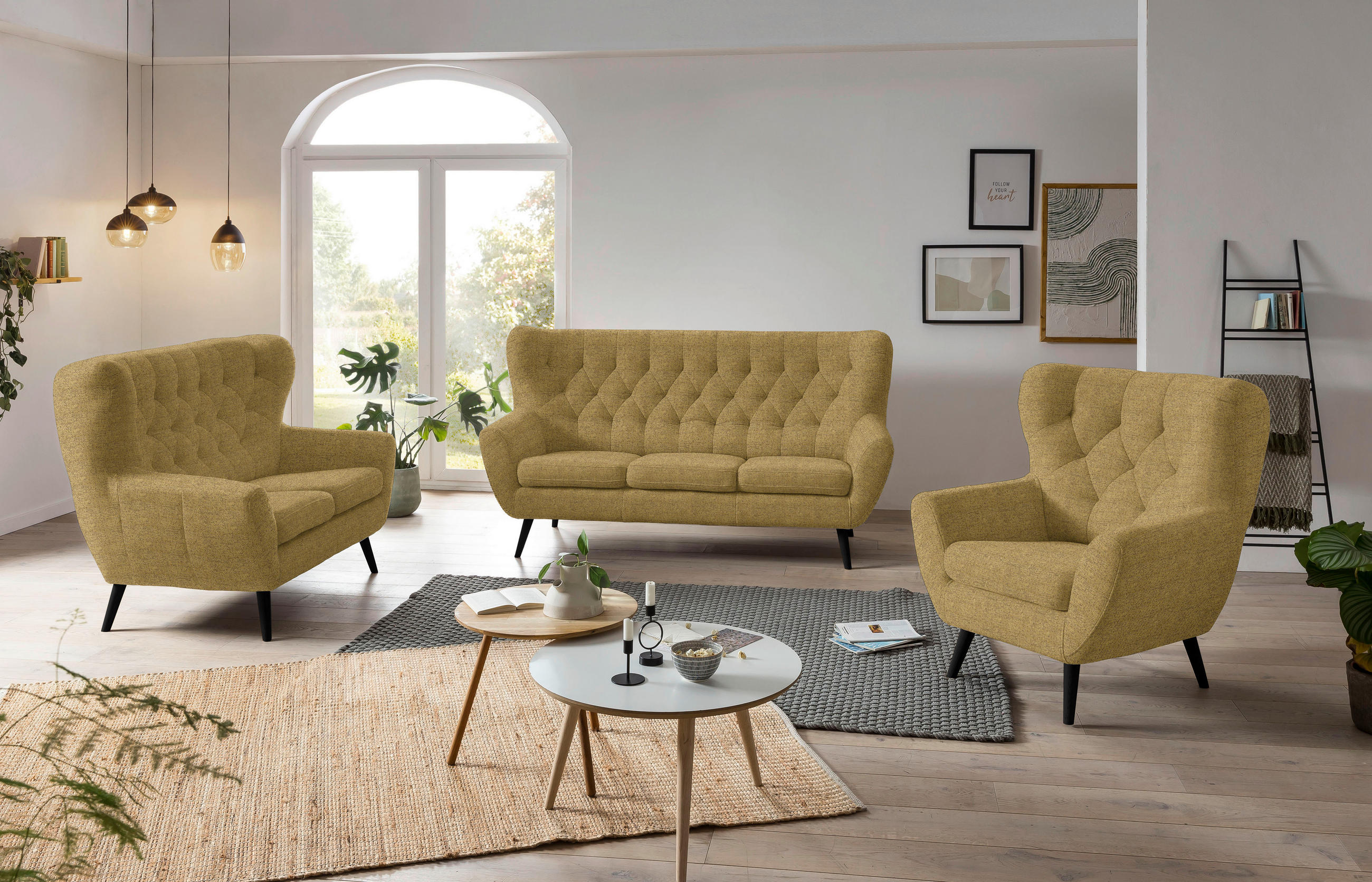 2-SITZER-SOFA in Flachgewebe Gelb  - Eichefarben/Beige, Design, Holz/Holzwerkstoff (138/104/92cm) - Stylife
