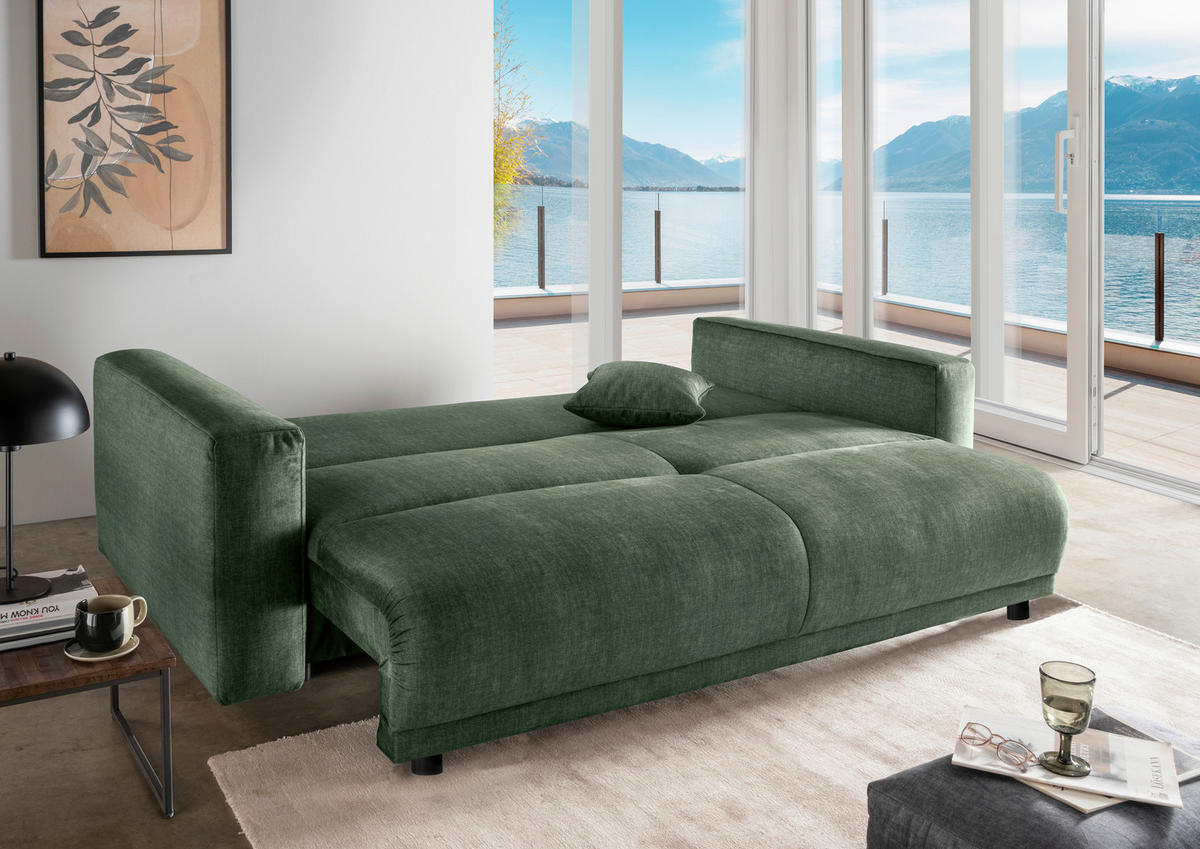 SCHLAFSOFA  mit Liegefunktion, Rücken echt Velours Dunkelgrün  - Dunkelgrün/Schwarz, MODERN, Kunststoff/Textil (245/86/126cm) - Livetastic