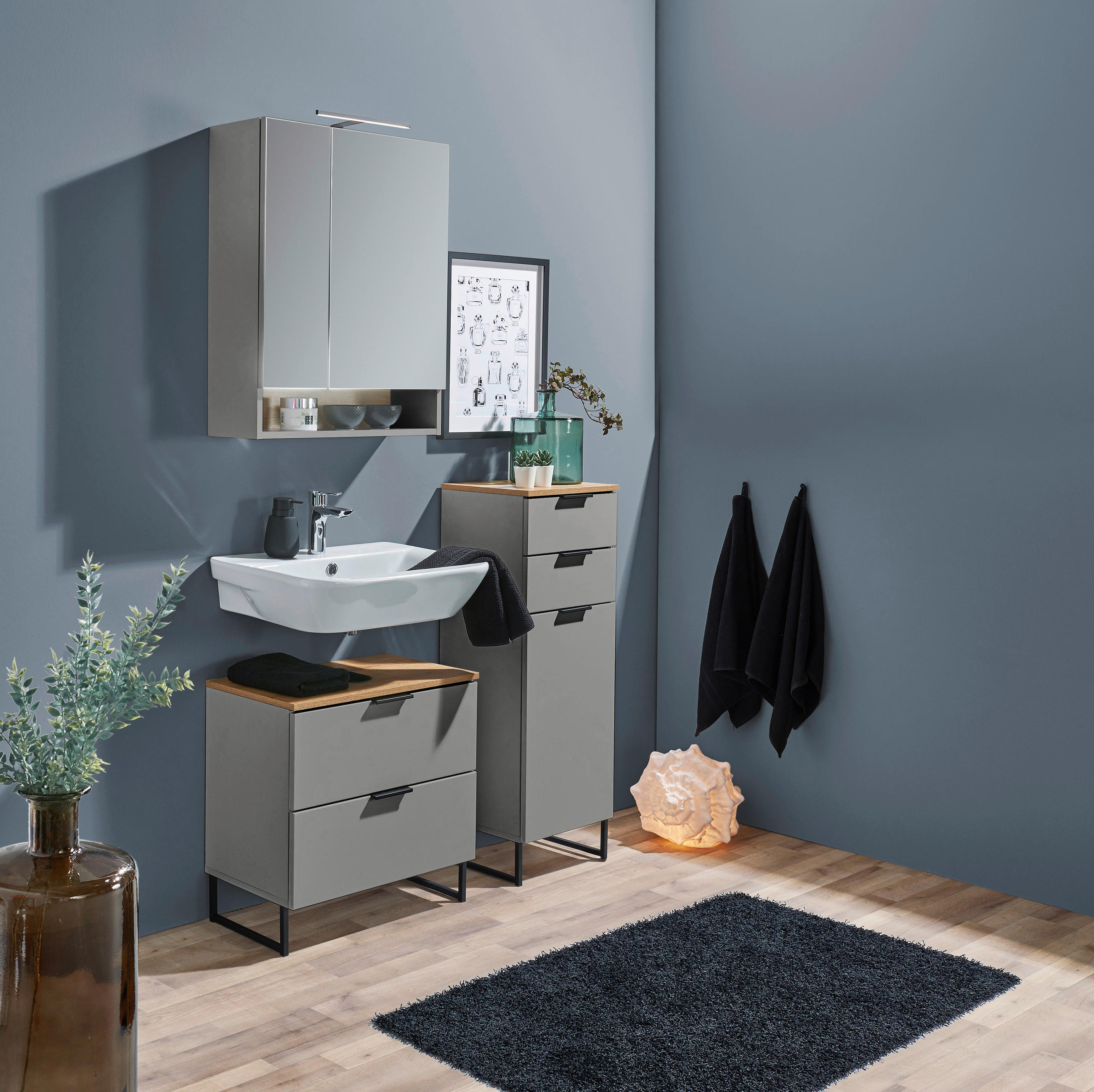 MIDISCHRANK 38/106/32 cm  - Eichefarben/Schwarz, KONVENTIONELL, Holzwerkstoff/Metall (38/106/32cm) - home24