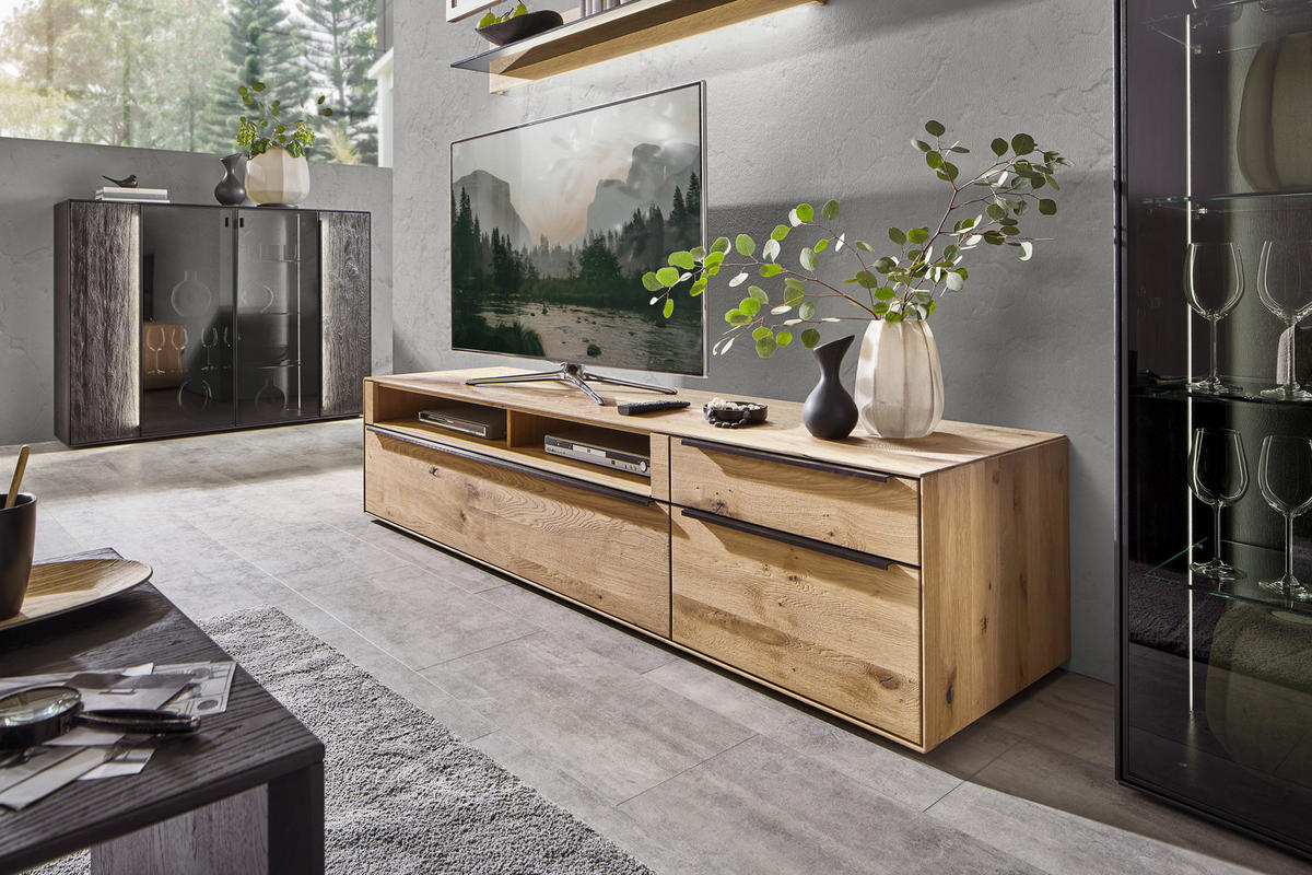 WOHNWAND  in Eichefarben, Schwarz  326/205,5/53,7 cm  - Eichefarben/Anthrazit, Natur, Glas/Holz (326/205,5/53,7cm) - Valnatura