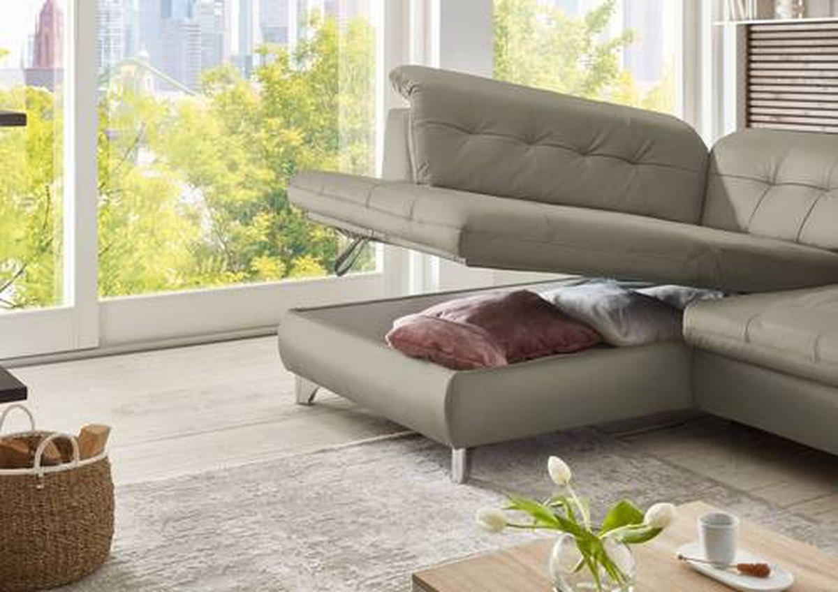 ECKSOFA in Echtleder Hellgrau  211/309 cm  - Hellgrau, Basics, Leder/Metall (211/309cm) - Beldomo Speed