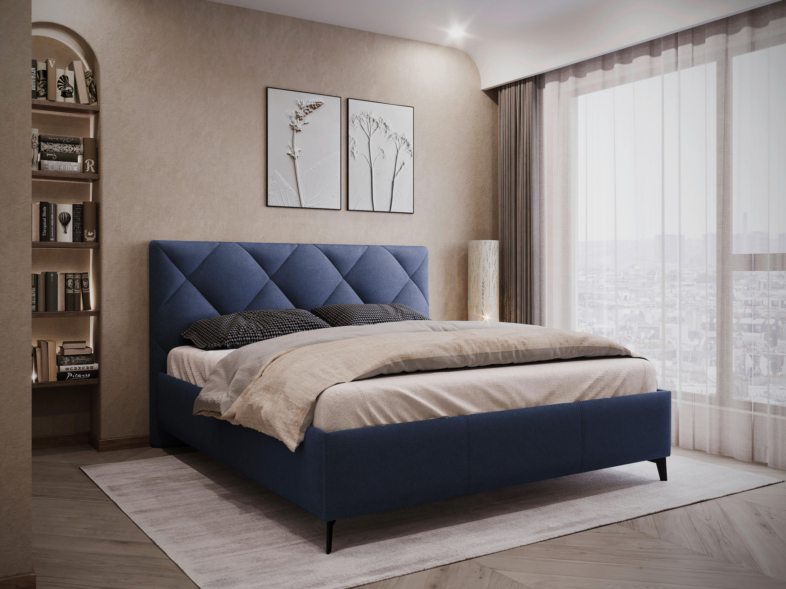 POLSTERBETT gepolstertes Kopfteil, Lattenrost, Bettkasten 160/200 cm  in Dunkelblau  - Schwarz/Bronzefarben, MODERN, Holz/Textil (160/200cm) - Boxxx