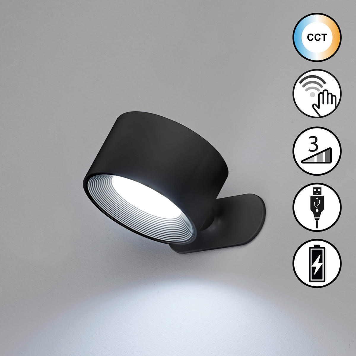 AKKU-WANDLEUCHTE - Schwarz, KONVENTIONELL, Metall (4,5/8/9,5cm)