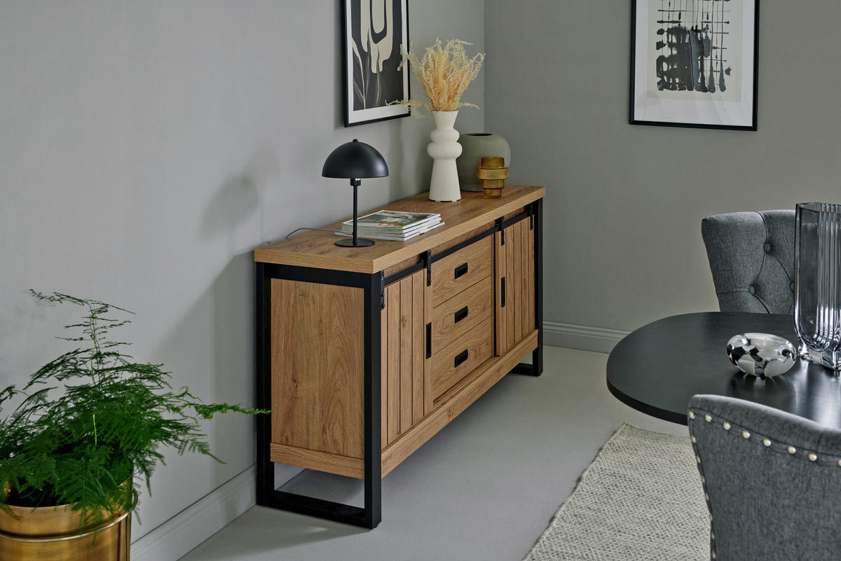 SIDEBOARD 153/75/39 cm  in Eichefarben  - Eichefarben/Schwarz, Modern, Holzwerkstoff/Metall (153/75/39cm) - MID.YOU