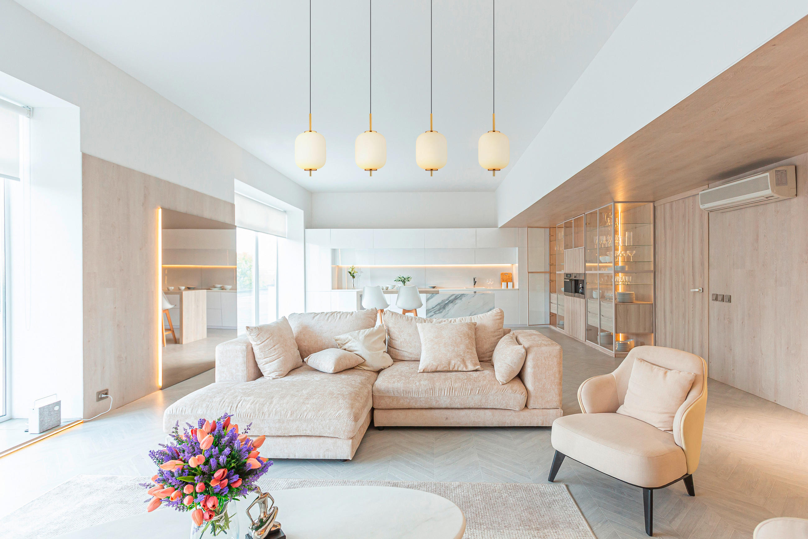 LED-HÄNGELEUCHTE 94,5/13,5/220 cm    - Messingfarben/Opal, Konventionell, Glas/Kunststoff (94,5/13,5/220cm) - Globo
