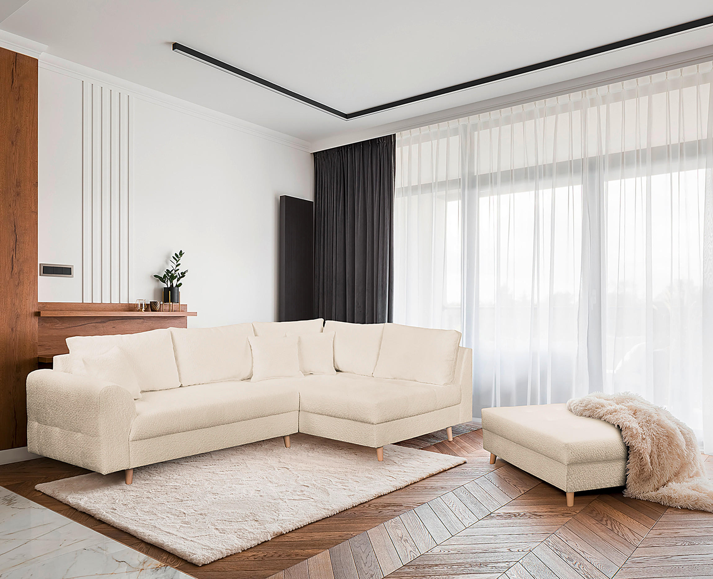 ECKSOFA Ariella Weiß Bouclé  - Naturfarben/Weiß, Design, Holz/Textil (231/161cm) - Livetastic