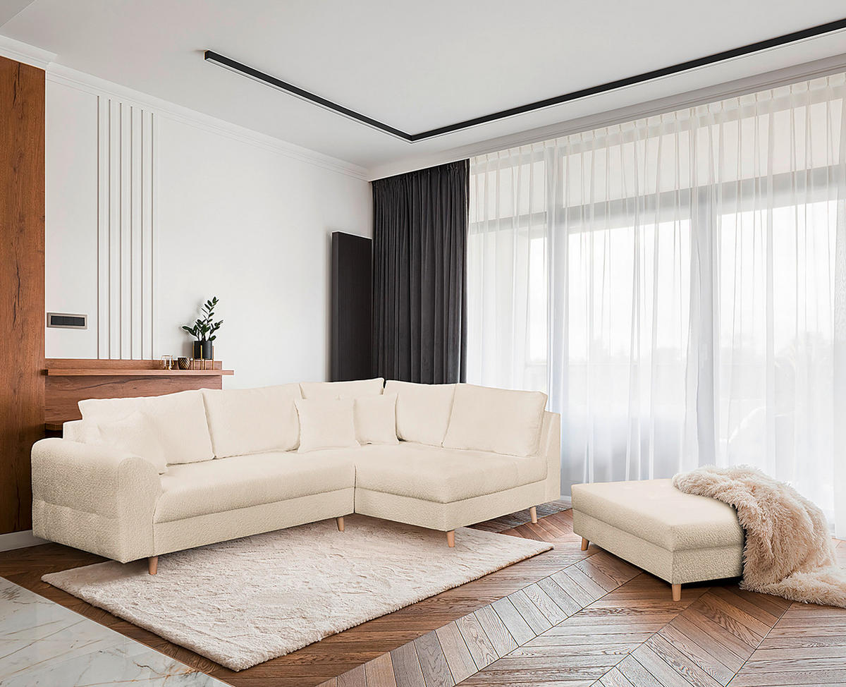 ECKSOFA Ariella Weiß Bouclé  - Naturfarben/Weiß, Design, Holz/Textil (231/161cm) - Livetastic