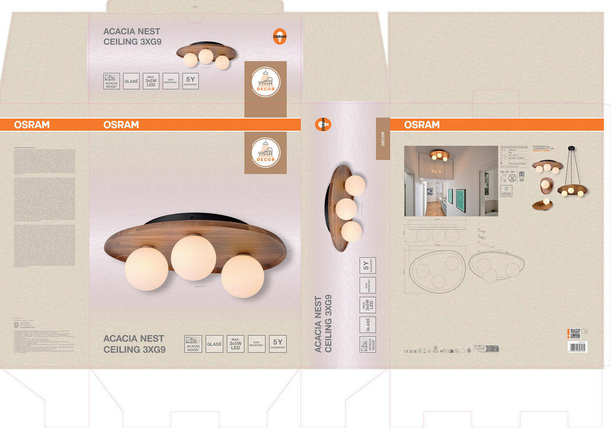 DECKENLEUCHTE    50/38,5/15,5 cm  - Akaziefarben, Basics, Glas/Holz (50/38,5/15,5cm) - Osram