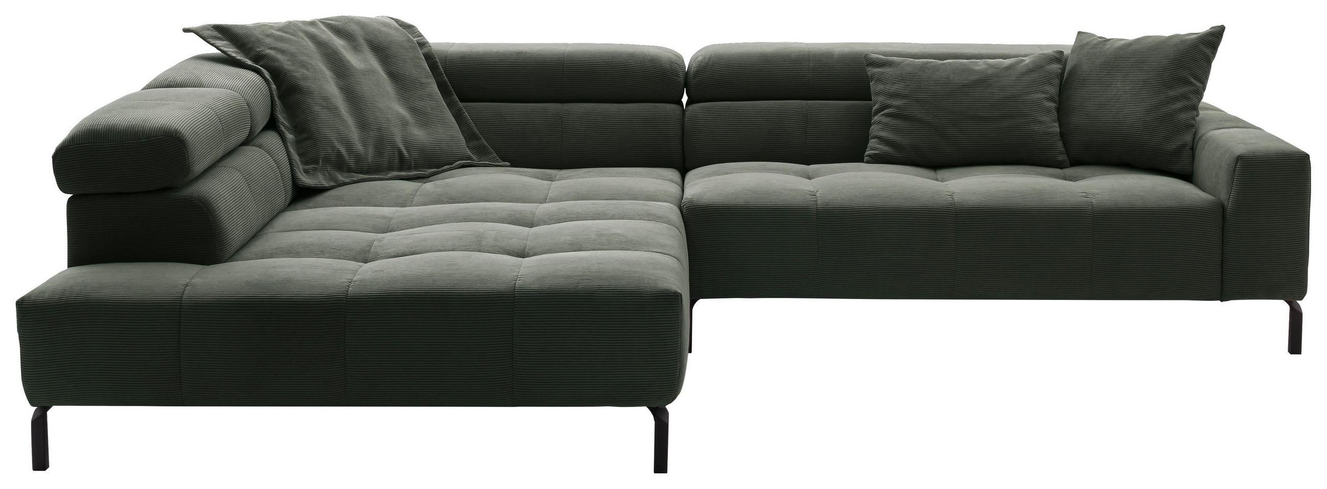 ECKSOFA Olivgrün Feincord Rücken echt, Kopfteilverstellung, Sitzvorzug  - Schwarz/Olivgrün, KONVENTIONELL, Textil/Metall (219/311cm) - Hom`in