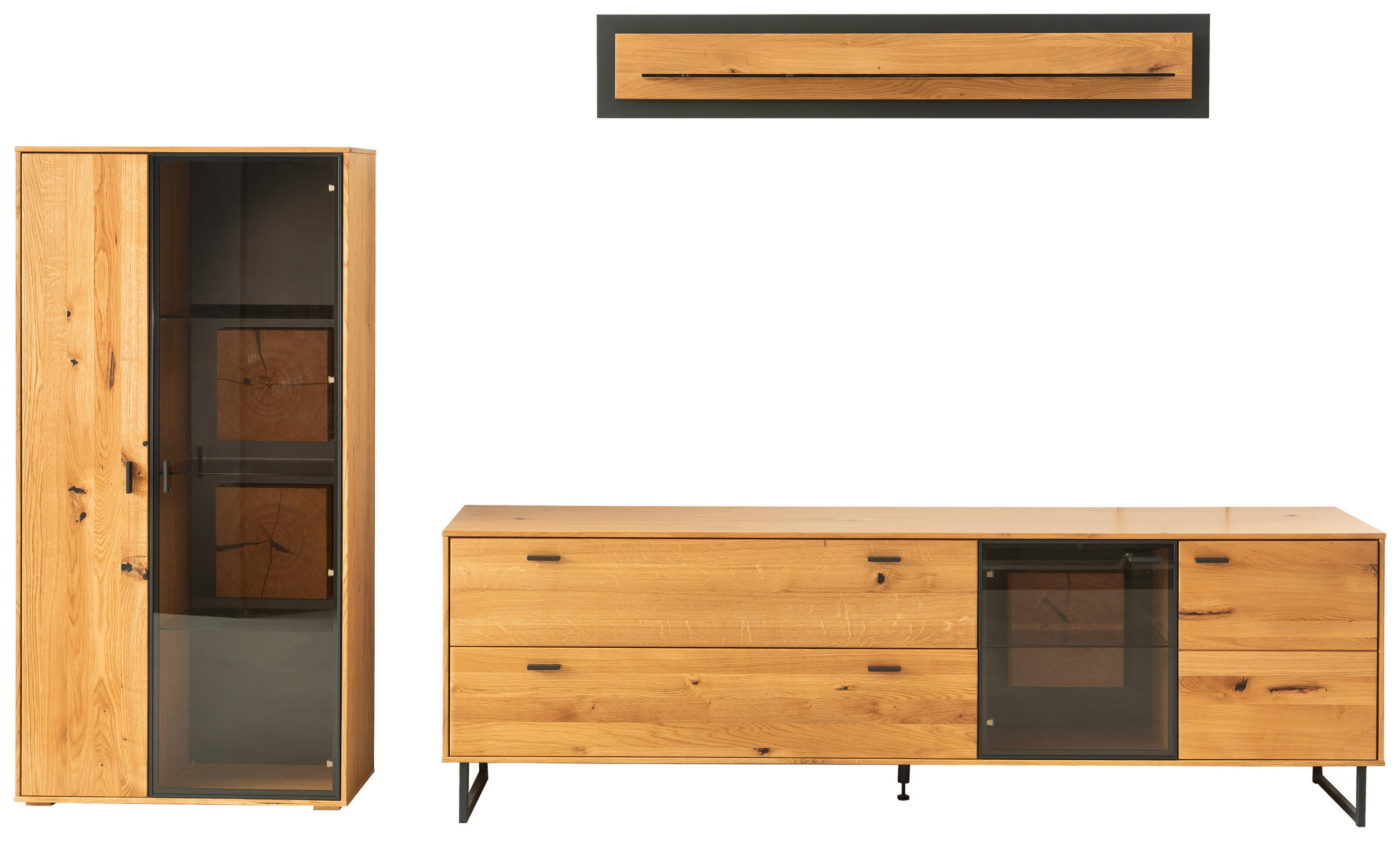 WOHNWAND  in Wildeiche  306/188/50 cm  - Wildeiche/Schwarz, Design, Glas/Holz (306/188/50cm) - MID.YOU