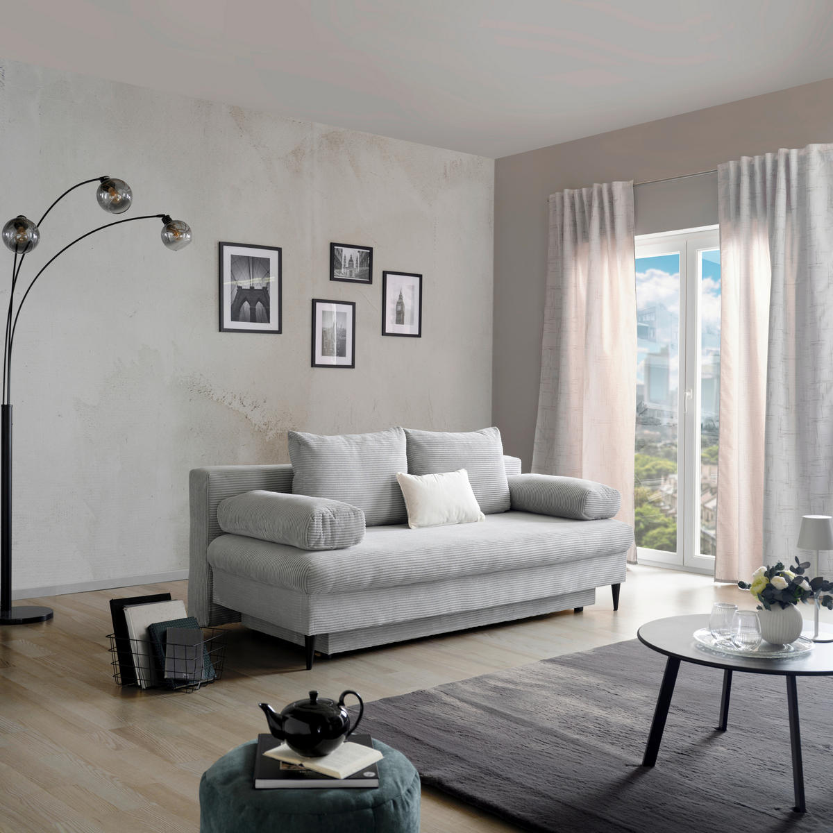 CANAPEA EXTENSIBILĂ lemn, plastic, textil gri  - negru/gri, Modern, plastic/lemn (200/95/95cm)