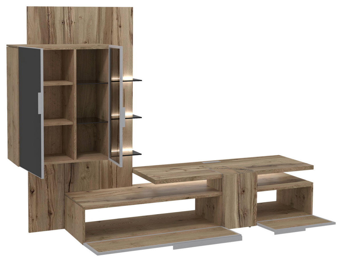 WOHNWAND  in Anthrazit, Eichefarben  272/194/58 cm  - Eichefarben/Anthrazit, Design, Glas/Holz (272/194/58cm) - Voglauer