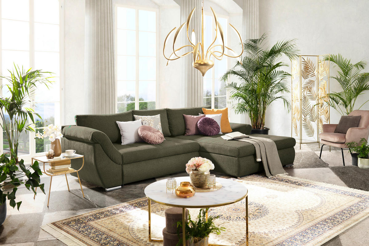 ECKSOFA in Flachgewebe Olivgrün  - Silberfarben/Olivgrün, Design, Textil/Metall (306/174cm) - MID.YOU
