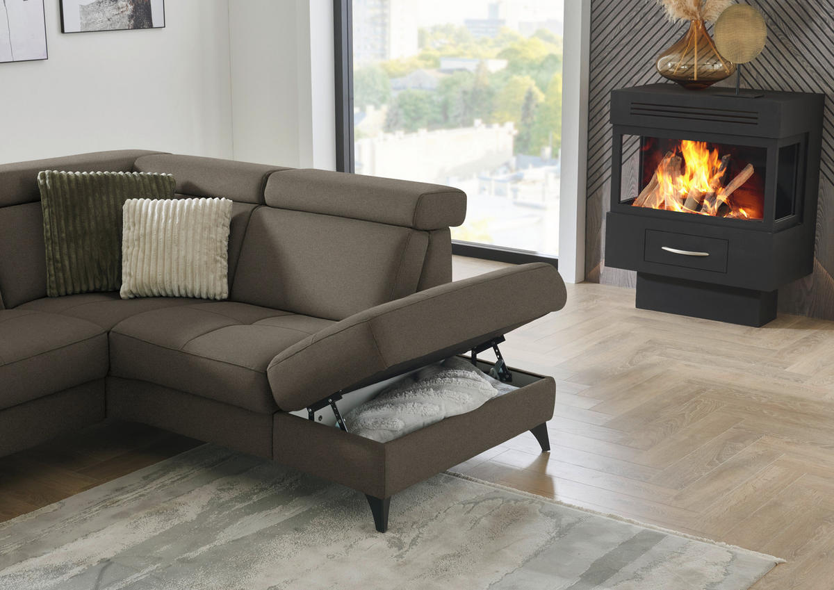 ECKSOFA Beldomo System in Flachgewebe Dunkelbraun  276/214 cm  - Dunkelbraun/Schwarz, KONVENTIONELL, Textil/Metall (276/214cm) - Beldomo System