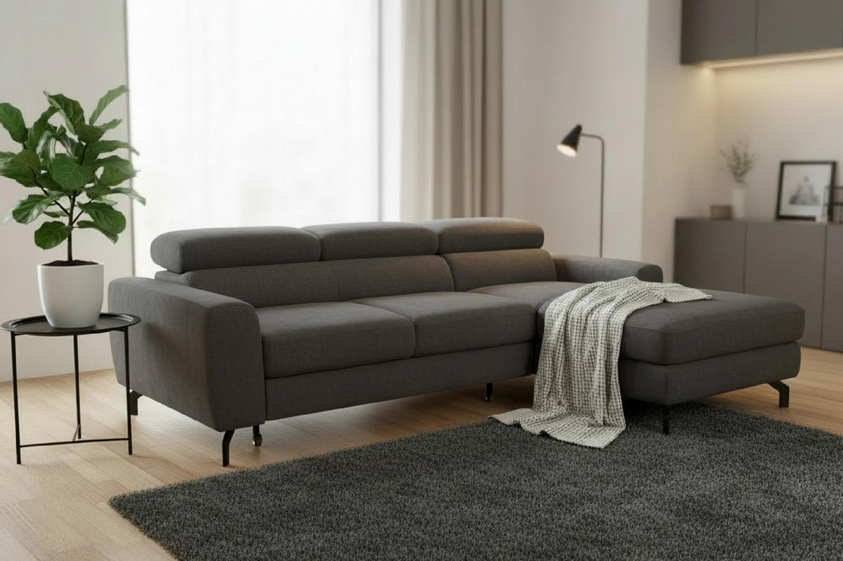ECKSOFA LARGO in Chenille Anthrazit  226/177 cm  - Anthrazit/Schwarz, Design, Textil/Metall (226/177cm) - Livetastic
