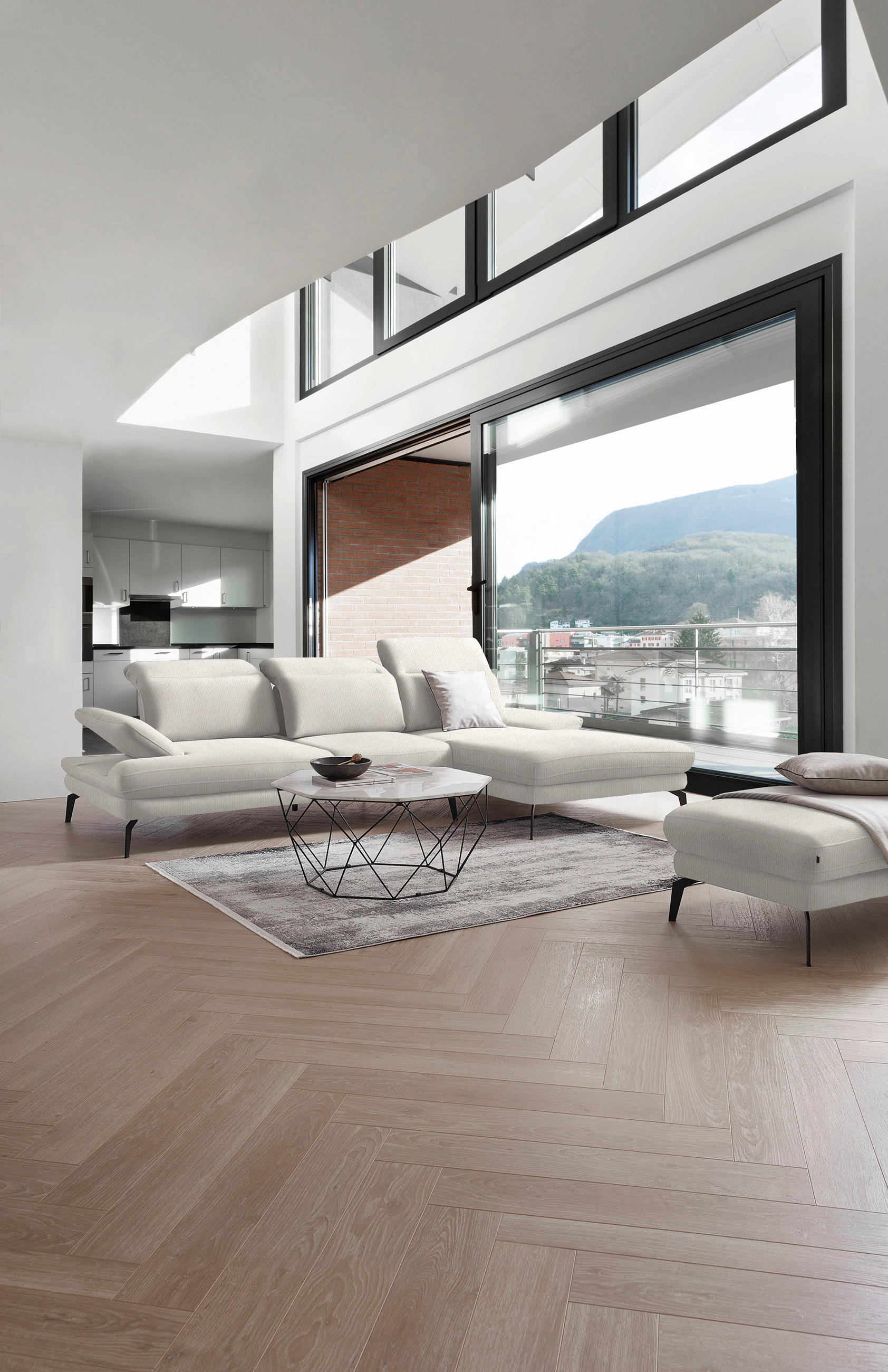 ECKSOFA Creme Webstoff  - Creme/Schwarz, Design, Textil/Metall (289/180cm) - Stylife