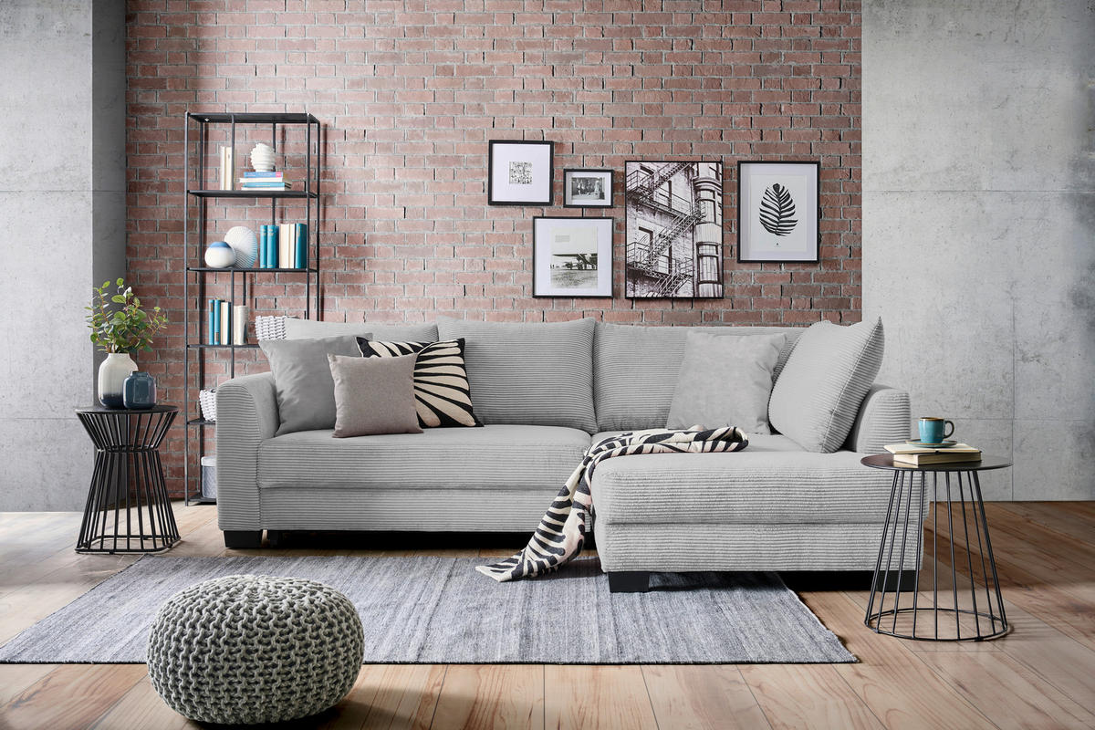 ECKSOFA in Cord Hellgrau  - Hellgrau/Schwarz, Konventionell, Holz/Textil (267/181cm) - Carryhome
