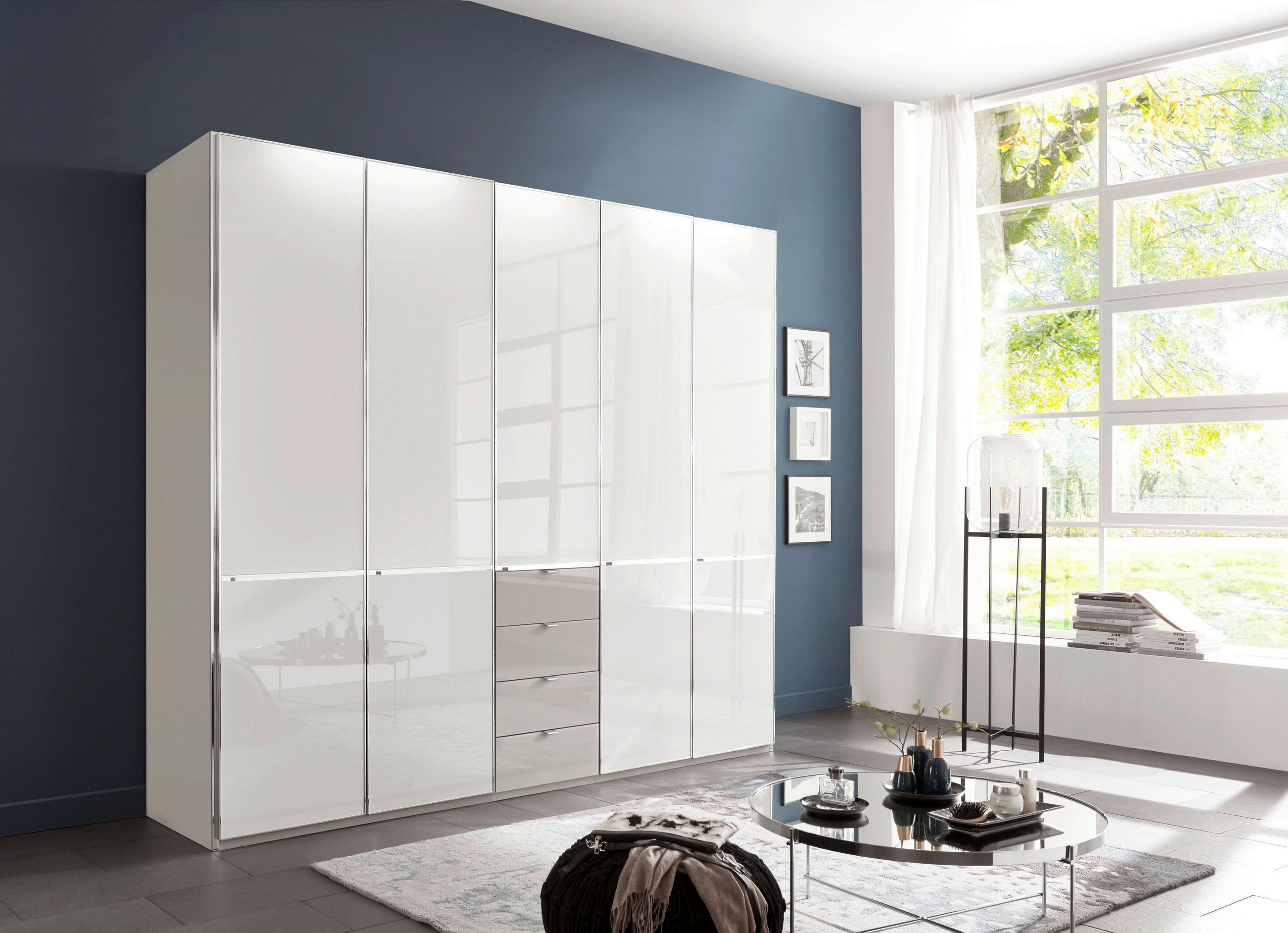 KLEIDERSCHRANK 250/216/58 cm 5-türig Grau, Weiß  - Chromfarben/Weiß, Design, Glas/Holzwerkstoff (250/216/58cm) - Novel
