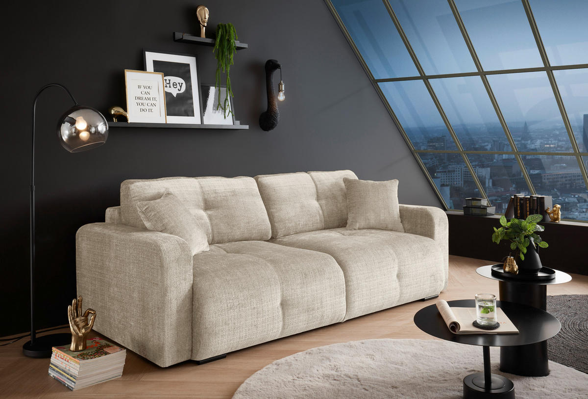 SCHLAFSOFA  mit Schlafen auf Sitzhöhe, Rücken echt, Armteil links, Armteil rechts Chenille Beige  - Beige/Schwarz, KONVENTIONELL, Kunststoff/Textil (235/88/120cm) - MID.YOU