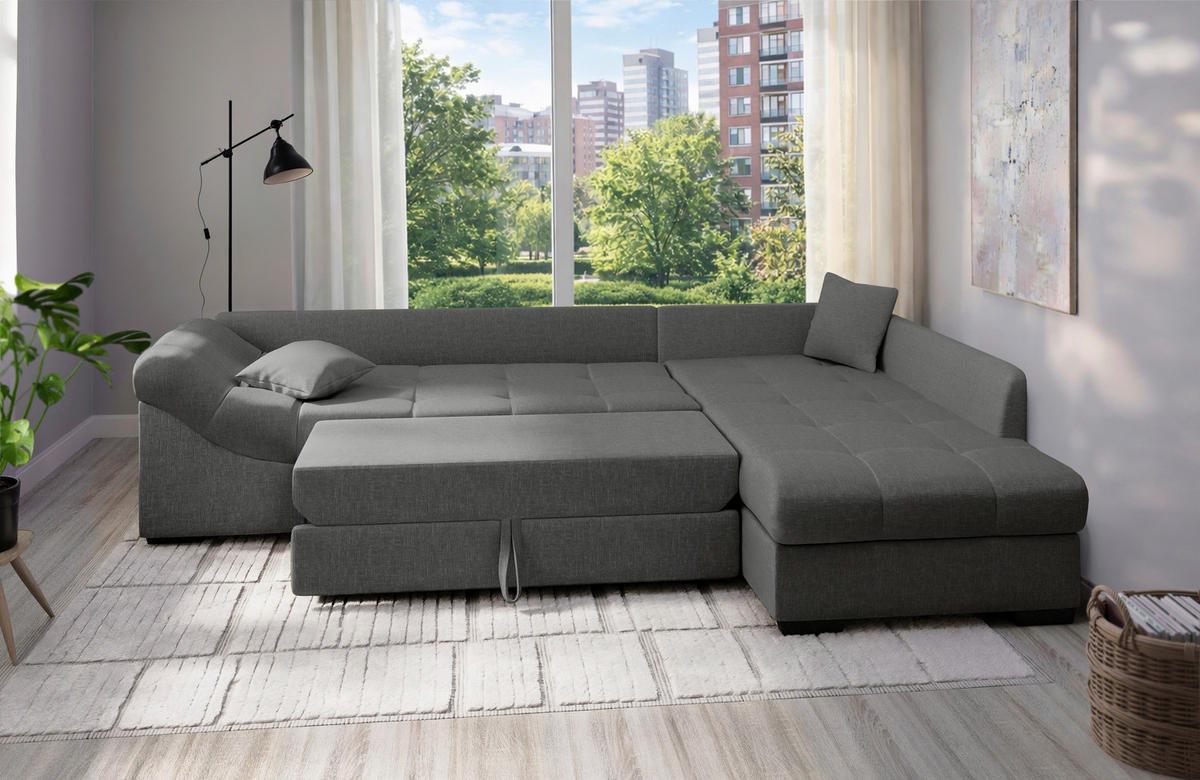 ECKSCHLAFSOFA in Graubraun Textil   - Graubraun/Schwarz, Modern, Holz/Textil (298/202cm) - MID.YOU