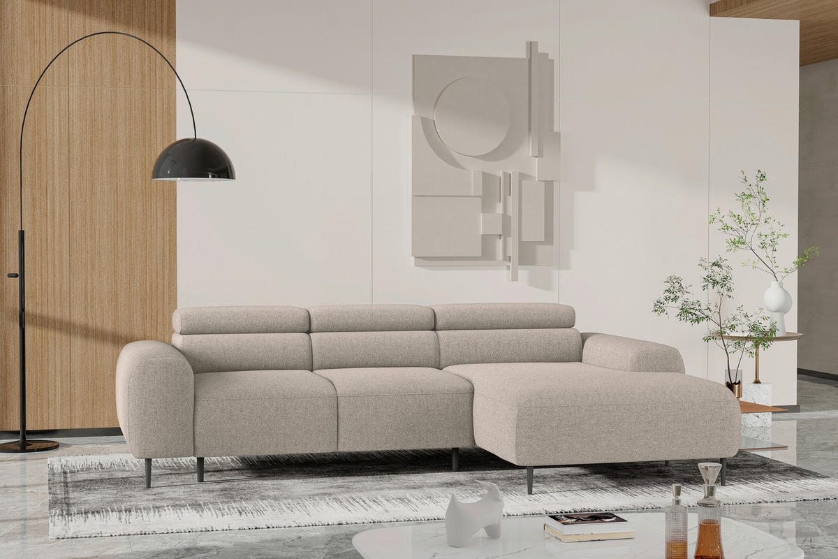 ECKSOFA Beige Struktur Rücken echt, Kopfteilverstellung, Sitztiefenverstellung  - Beige/Schwarz, MODERN, Textil/Metall (274/179cm) - Welnova