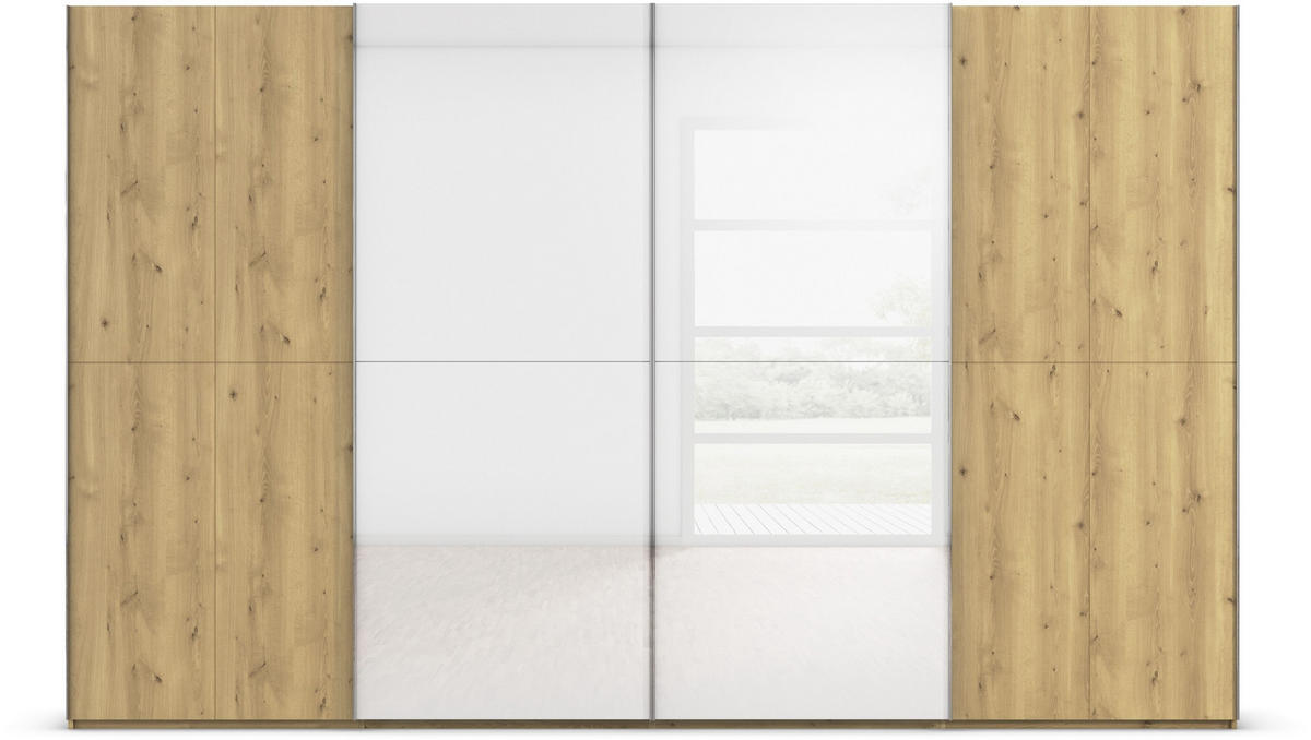 SCHWEBETÜRENSCHRANK 360/223/68 cm 4-türig Weiß, Eichefarben, Chromfarben  - Chromfarben/Eichefarben, Design, Glas/Holz (360/223/68cm) - Novel